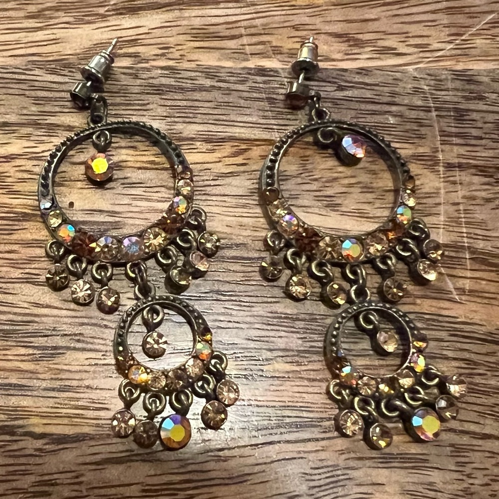 Bronze Boho Crystal Rhinestone Chandelier Drop Earrings - Picture 5 of 15